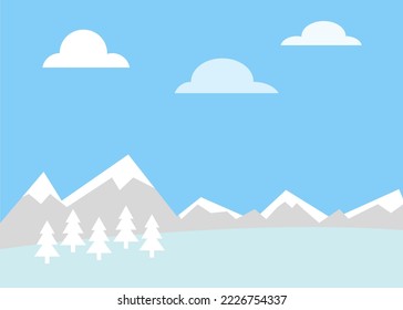 a winter landscape with snow covered mountains and blue sky, white clouds and white fir trees. Isolated vector graphic.
