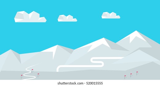 Winter landscape with snow covered mountains. Mountains with snow in winter. Mountains landscape, abstract blue panoramic view. Mountains ski resort. Nature background. Vector illustration.