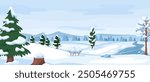 Winter landscape. Snow covered trees and shrubs. Snowdrifts and icy river. Cold season. Wild snowy scenery. Frosty day. Coniferous plants forest. Woodland panorama