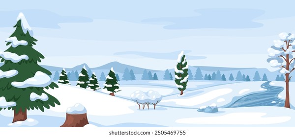 Winter landscape. Snow covered trees and shrubs. Snowdrifts and icy river. Cold season. Wild snowy scenery. Frosty day. Coniferous plants forest. Woodland panorama