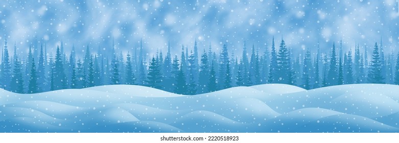 Winter landscape, snow drifts and trees, it snows, vector illustration, panoramic view