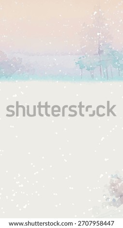Winter landscape with snow falling, snowflakes gently covering trees. Soft pastel colors create a serene winter scene. Snow and trees blend in a peaceful setting. Winter background vector.