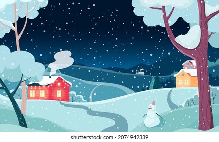 Winter landscape with snow fields, snowman, forest and houses. Snowy night. Vector colorful illustration in cartoon style. Festive garland on the house. Christmas card