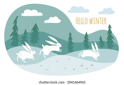 Winter landscape with snow fields. White hares run through the meadows. Vector illustration.