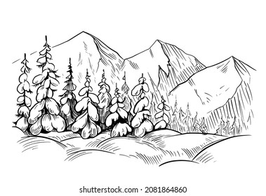 Winter landscape. Snow, fir tree, mountains. Line art illustration isolated on white background