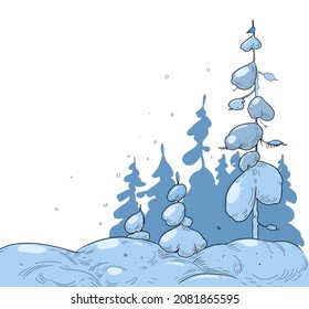 Winter landscape. Snow, fir tree, mountains. Line art illustration isolated on white background