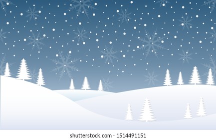 Winter landscape with snow, fir trees and snowflakes. Christmas and winter holidays background for greeting card design. Vector illustration.