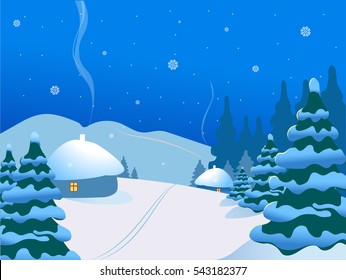 Winter landscape with snow, fir trees and a small house.