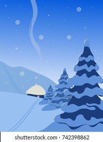 Winter landscape with snow, fir-trees, snowflakes and houses. Editable vector image.