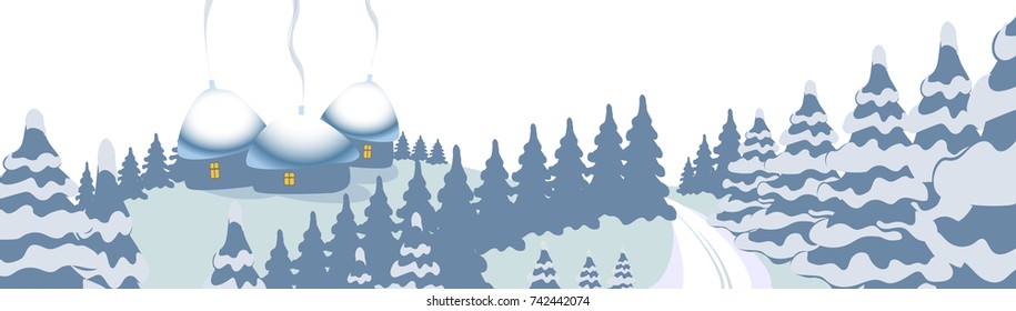 Winter landscape with snow, fir-trees, snowflakes and houses. Editable vector image.