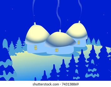 Winter landscape with snow, fir-trees, snowflakes and houses. Editable vector image.