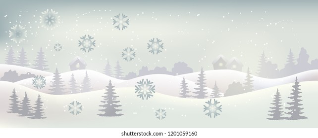 Winter landscape with snow flakes, hills, trees and houses. Christmas and New Year  background/card. Vector illustration.
