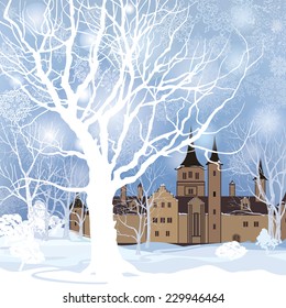 Winter landscape with snow forest and building. Old house in park over snow.