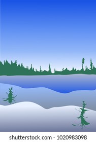 Winter landscape with snow, forest and firs in the foreground.