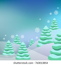 Winter landscape, snow hills, mountains, flat design graphics. Place for your text. The background nature. Christmas trees and snowflakes.