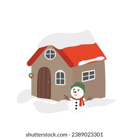 Winter landscape. Snow house. House in winter snow. Merry christmas and happy new year clip art. Flat vector in cartoon style isolated on white background.
