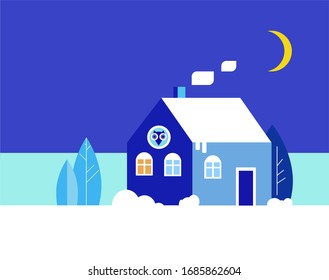 Winter landscape with snow house, trees and yellow moon. Classic blue - trending colors. Vector, illustration.