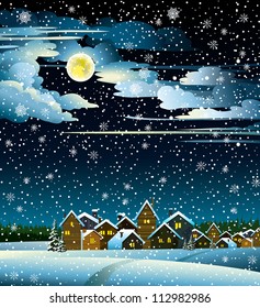 Winter landscape with snow houses, forest and fool moon