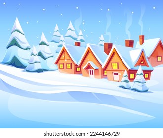 Paisaje invernal con nieve, casas y bosque. Escena de la naturaleza en el campo con casas rurales con chimenea y humo, abetos y nevadas, ilustración vectorial de dibujos animados