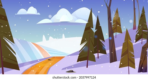 Paisaje invernal con nieve en el campo y camino a lo largo de los abetos bajo un cielo nublado con copos de nieve cayendo. Fondo natural de la caricatura con coníferas árboles y abetos en ilustración vectorial de madera