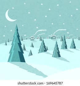 Winter landscape with snow moon and forest vector illustration