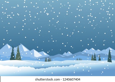 Winter Landscape, Snow Mountains, Fir Trees Forest, Fields. Snowfall vector scene. Mountain view. Winter Holidays background, banner or greeting card template.