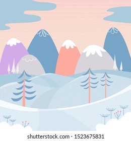 Winter landscape with snow, mountains, hills and fir trees. Cute picture for greeting cards, postcards, banners, posters. Background. Vector illustration in cartoon style with textures
