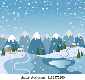 Winter Landscape, Snow Mountains, Ski Village, Fir Trees Forest, Hills. Snowfall vector scene. Mountain view. Winter Holidays background, Ski Resort banner or greeting card template.