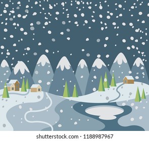 Winter Landscape, Snow Mountains, Ski Village, Fir Trees Forest, Hills. Snowfall vector scene. Mountain view. Winter Holidays background, Ski Resort banner or greeting card template.
