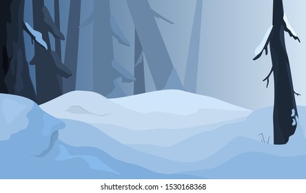 Winter landscape. Snow on the tree, white and blue color season. Beauty in nature, december scenery. Vector illustration in cartoon style