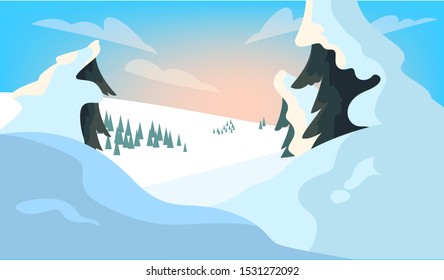 Winter landscape. Snow on the tree, white and blue color season. Beauty in nature, december scenery. Vector illustration in cartoon style
