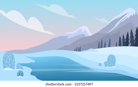Winter landscape. Snow on the tree, white and blue color season. Beauty in nature, december scenery. Vector illustration in cartoon style
