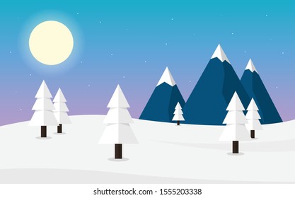 Winter landscape with snow tree, moonlight and mountain illustration in vector.