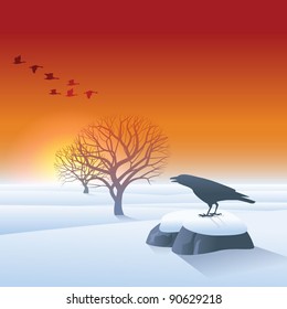 Winter landscape with snow, trees and a crow