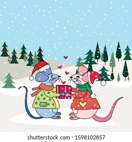 Winter Landscape With Snow Trees And Mountains Vector.Happy Valentine's Day greeting card with cute mouses.
