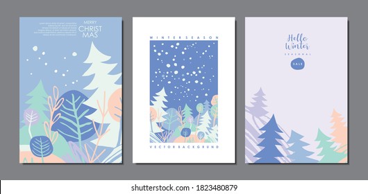 Winter landscape with snow, trees and pine forest. Card design concept. Seasonal vector cover template.