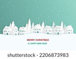 winter landscape with snow and trees. Santa Flying in the night on christmas. Winter lanscape with house, snow and tree. Paper cut vector design. The house in winter is covered with snow.