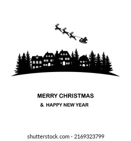 winter landscape with snow and trees. Santa Flying in the night on christmas. Winter lanscape with house, snow and tree. Paper cut vector design. The house in winter is covered with snow.