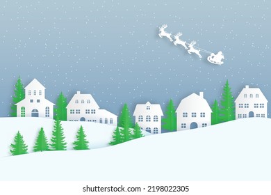 winter landscape with snow and trees. Santa Flying in the night on christmas. Winter lanscape with house, snow and tree. Paper cut vector design. The house in winter is covered with snow.