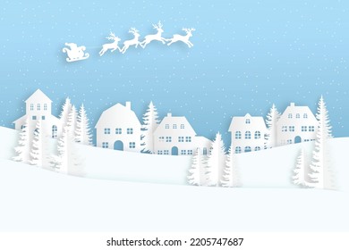 winter landscape with snow and trees. Santa Flying in the night on christmas. Winter lanscape with house, snow and tree. Paper cut vector design. The house in winter is covered with snow.