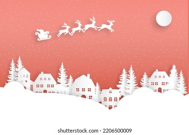 winter landscape with snow and trees. Santa Flying in the night on christmas. Winter lanscape with house, snow and tree. Paper cut vector design. The house in winter is covered with snow.