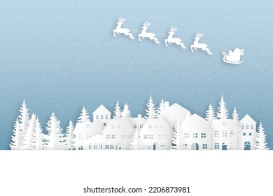 winter landscape with snow and trees. Santa Flying in the night on christmas. Winter lanscape with house, snow and tree. Paper cut vector design. The house in winter is covered with snow.