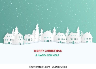 winter landscape with snow and trees. Santa Flying in the night on christmas. Winter lanscape with house, snow and tree. Paper cut vector design. The house in winter is covered with snow.