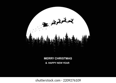 winter landscape with snow and trees. Santa Flying in the night on christmas. Winter lanscape with house, snow and tree. Paper cut vector design. The house in winter is covered with snow