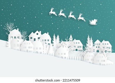 winter landscape with snow and trees. Santa Flying in the night on christmas. Winter lanscape with house, snow and tree. Paper cut vector design. The house in winter is covered with snow