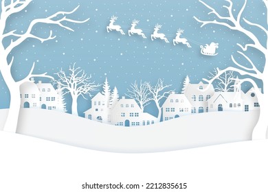 winter landscape with snow and trees. Santa Flying in the night on christmas. Winter lanscape with house, snow and tree. Paper cut vector design. The house in winter is covered with snow