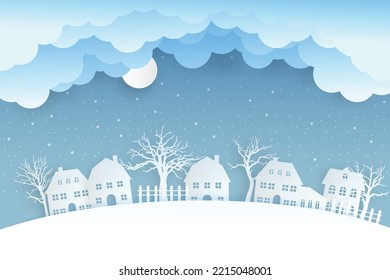 winter landscape with snow and trees. Santa Flying in the night on christmas. Winter lanscape with house, snow and tree. Paper cut vector design. The house in winter is covered with snow