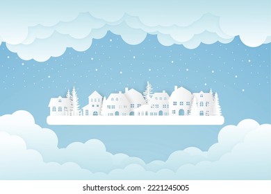 winter landscape with snow and trees. Santa Flying in the night on christmas. Winter lanscape with house, snow and tree. Paper cut vector design. The house in winter is covered with snow.