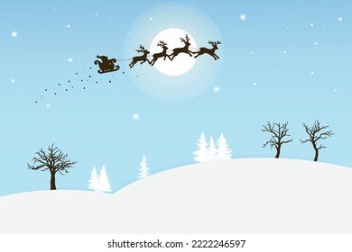 winter landscape with snow and trees. Santa Flying in the night on christmas. Winter lanscape with house, snow and tree. Paper cut vector design. The house in winter is covered with snow.