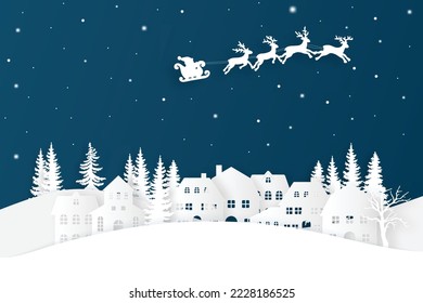 winter landscape with snow and trees. Santa Flying in the night on christmas. Winter lanscape with house, snow and tree. Paper cut vector design. The house in winter is covered with snow.